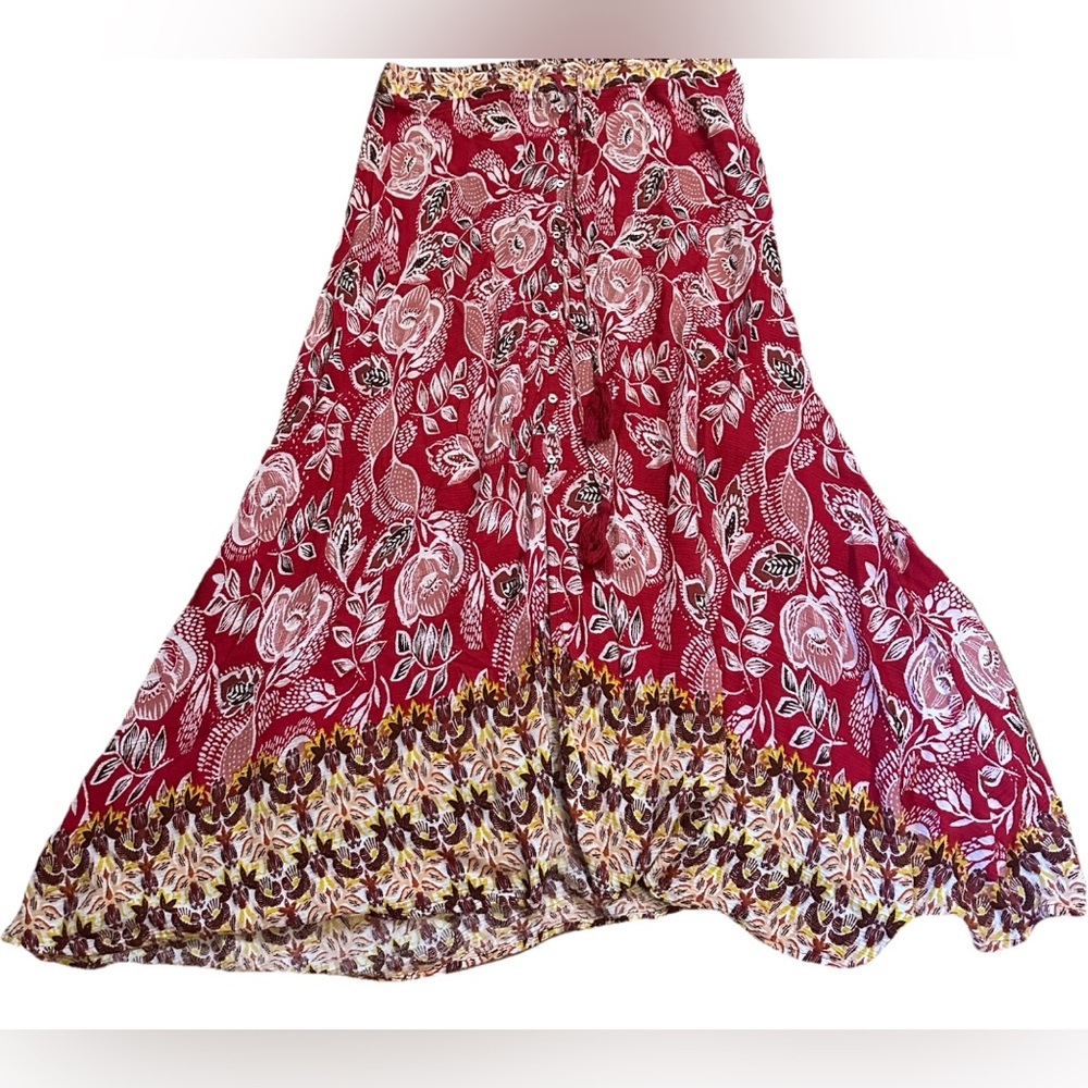 EUC John Paul Richard Women’s Sz M Skirt Floral Boho Print Shell Buttons Tassels